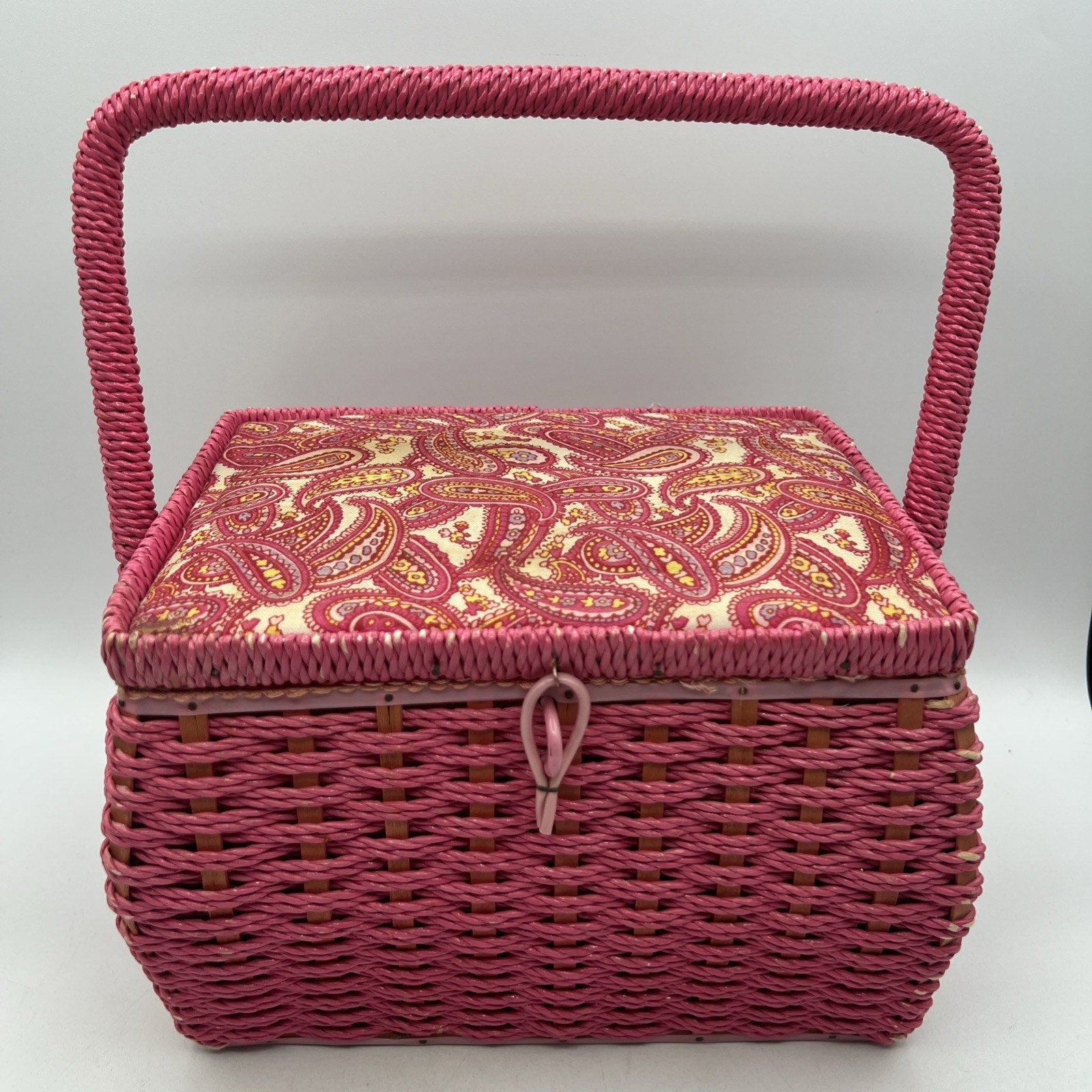 Vintage Pink Wicker Paisley Sewing Basket Japan Handle 7x10" Retro