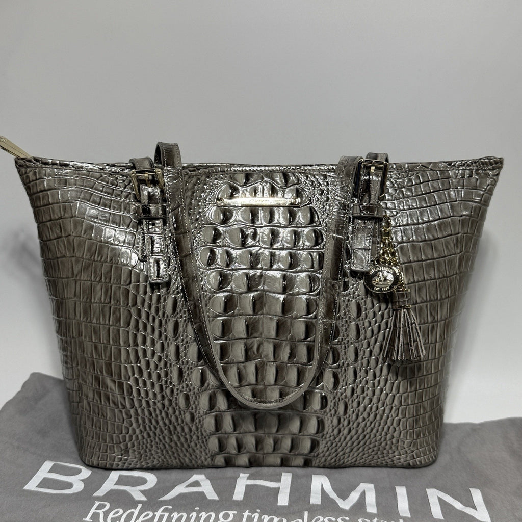 Brahmin Asher Leather Tote Purse Medium Embossed Croc Gray Falcon 15" NEW w/ tag