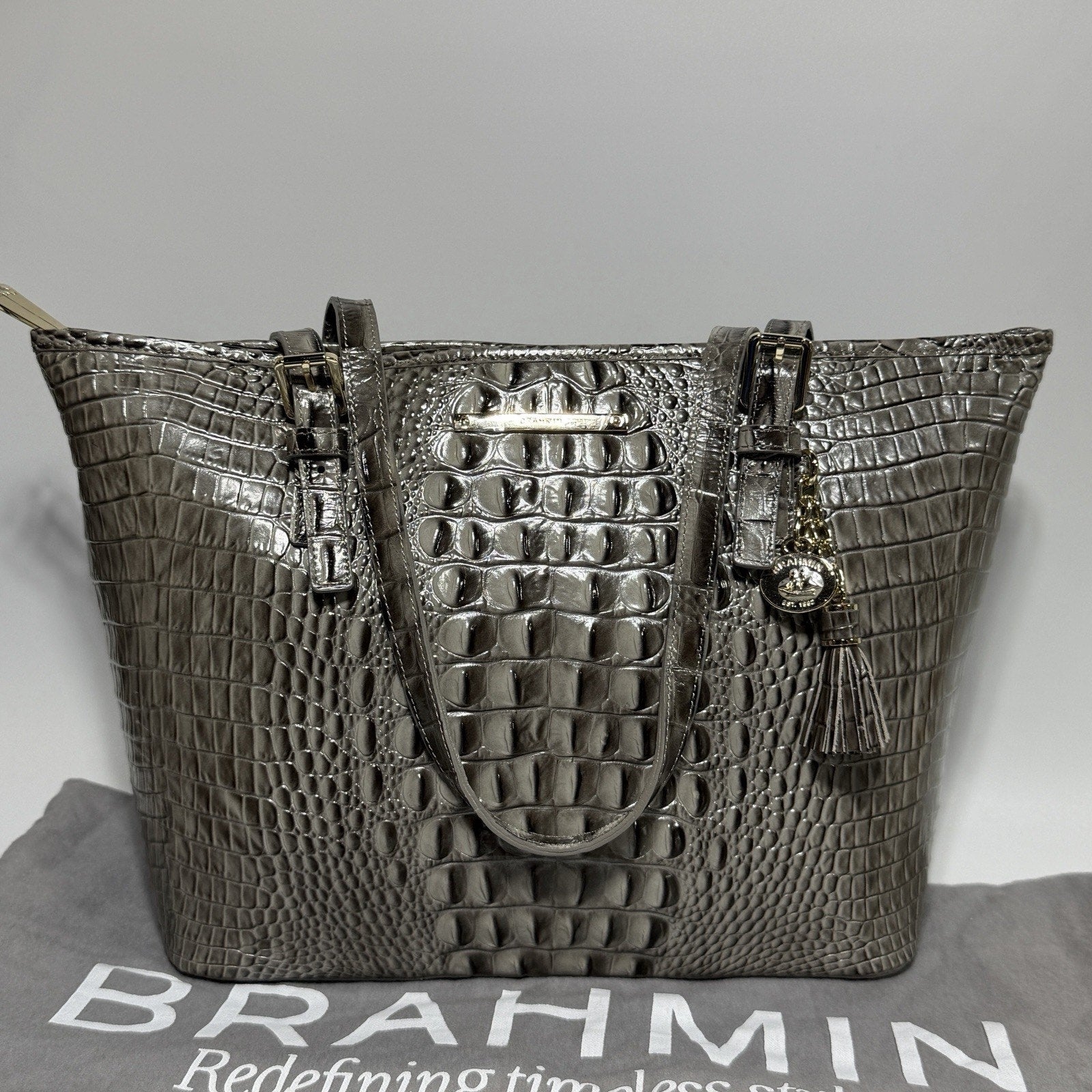 Brahmin Asher Leather Tote Purse Medium Embossed Croc Gray Falcon 15" NEW w/ tag