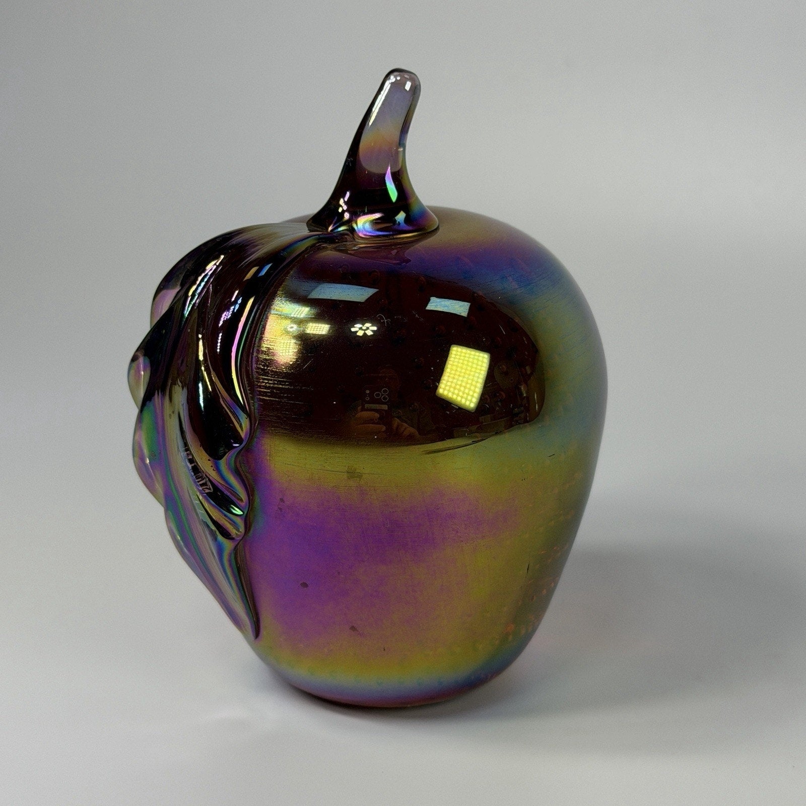 Vtg Gibson Apple Purple Rainbow Iridescent Art Glass Paperweight 4" Heavy 1996