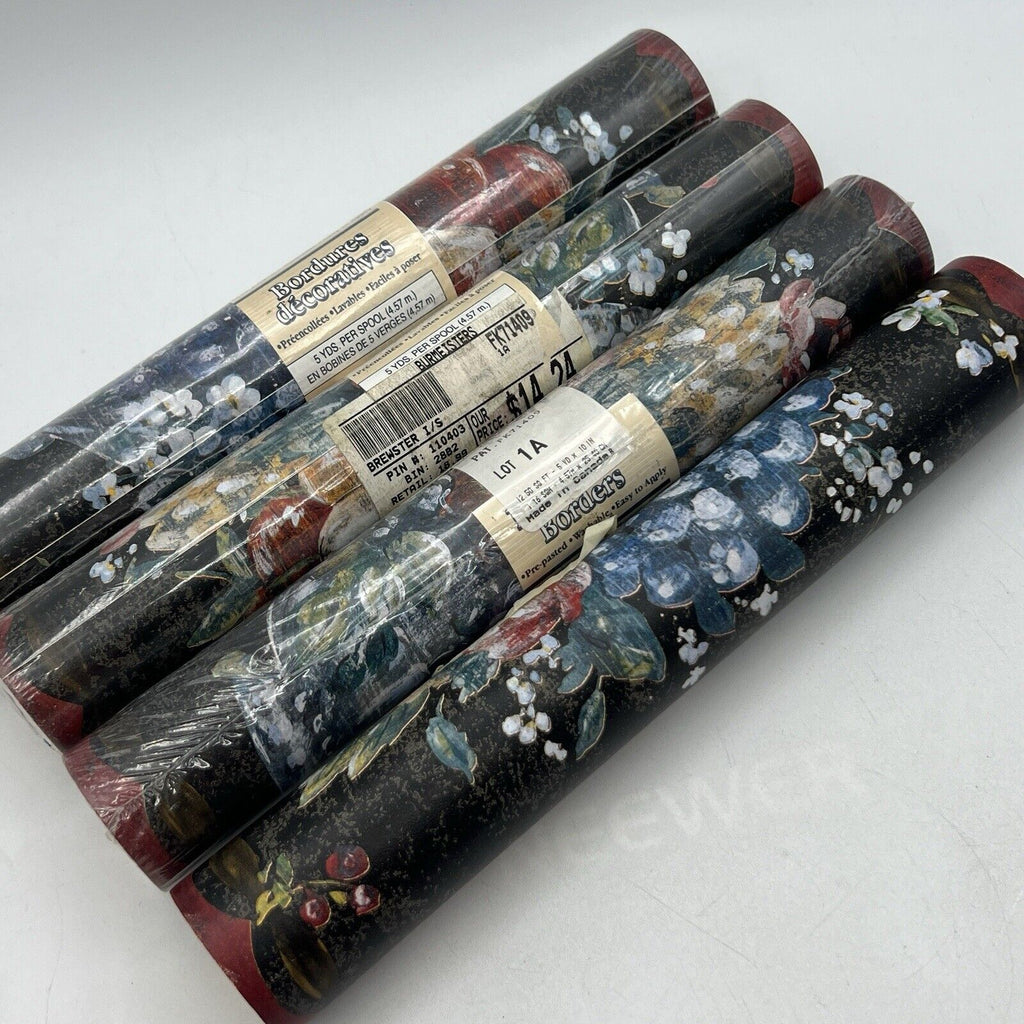 4 Roll Brewster Victorian Fruit Basket Wallpaper Border Black Red Pre-Pasted