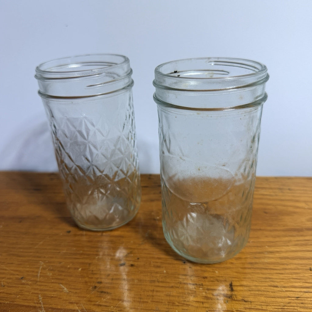 2 Quilted Crystal Tall Jelly Jars 12 oz Discontinued Rings NO LIDS
