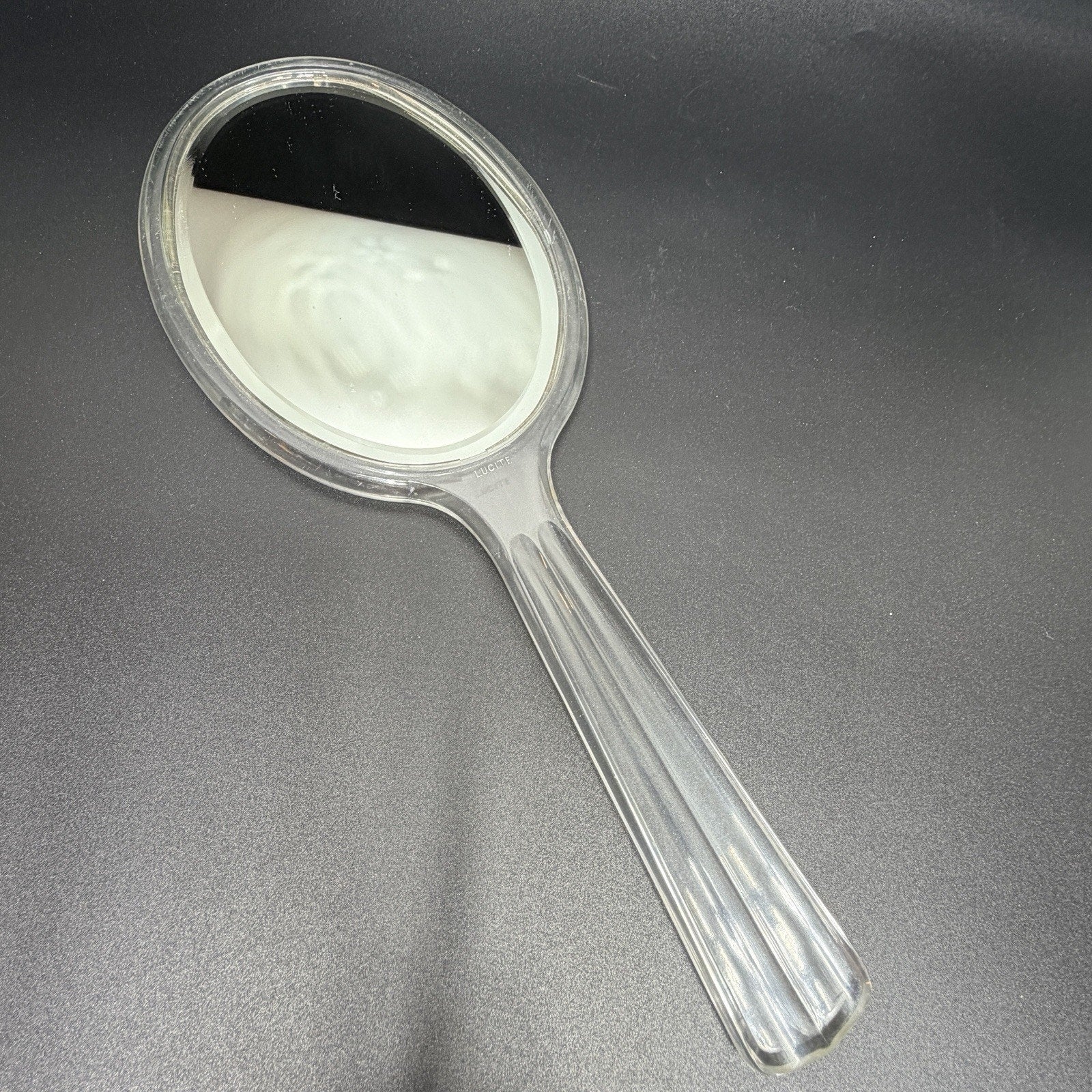 Vintage Clear Lucite Oval Hand Mirror Double Beveled Glass Marked 12" MCM Vanity