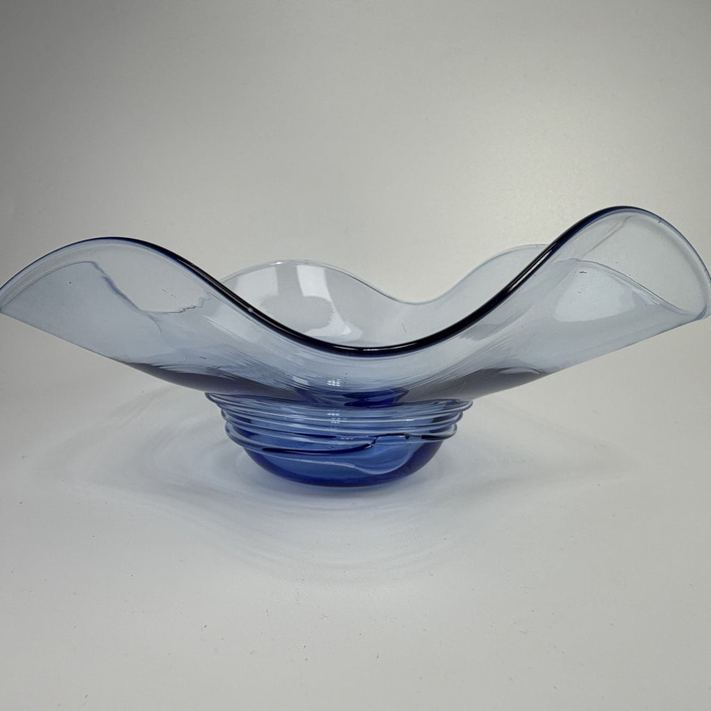 La Mailloche Quebec Studio Art Glass Light Blue Bowl Fluted Swirl SIGNED 7"