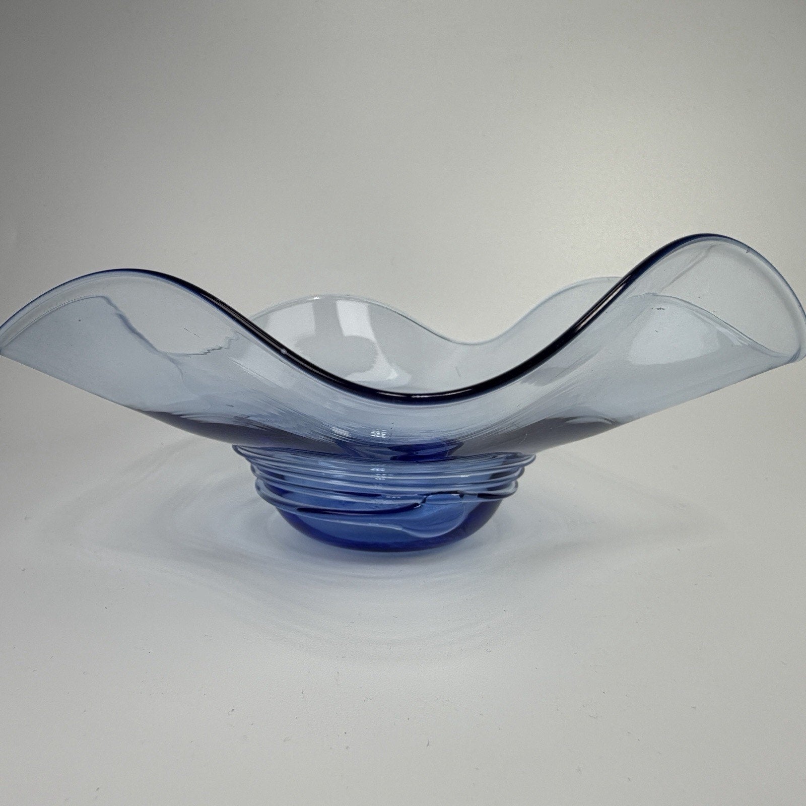 La Mailloche Quebec Studio Art Glass Light Blue Bowl Fluted Swirl SIGNED 7"