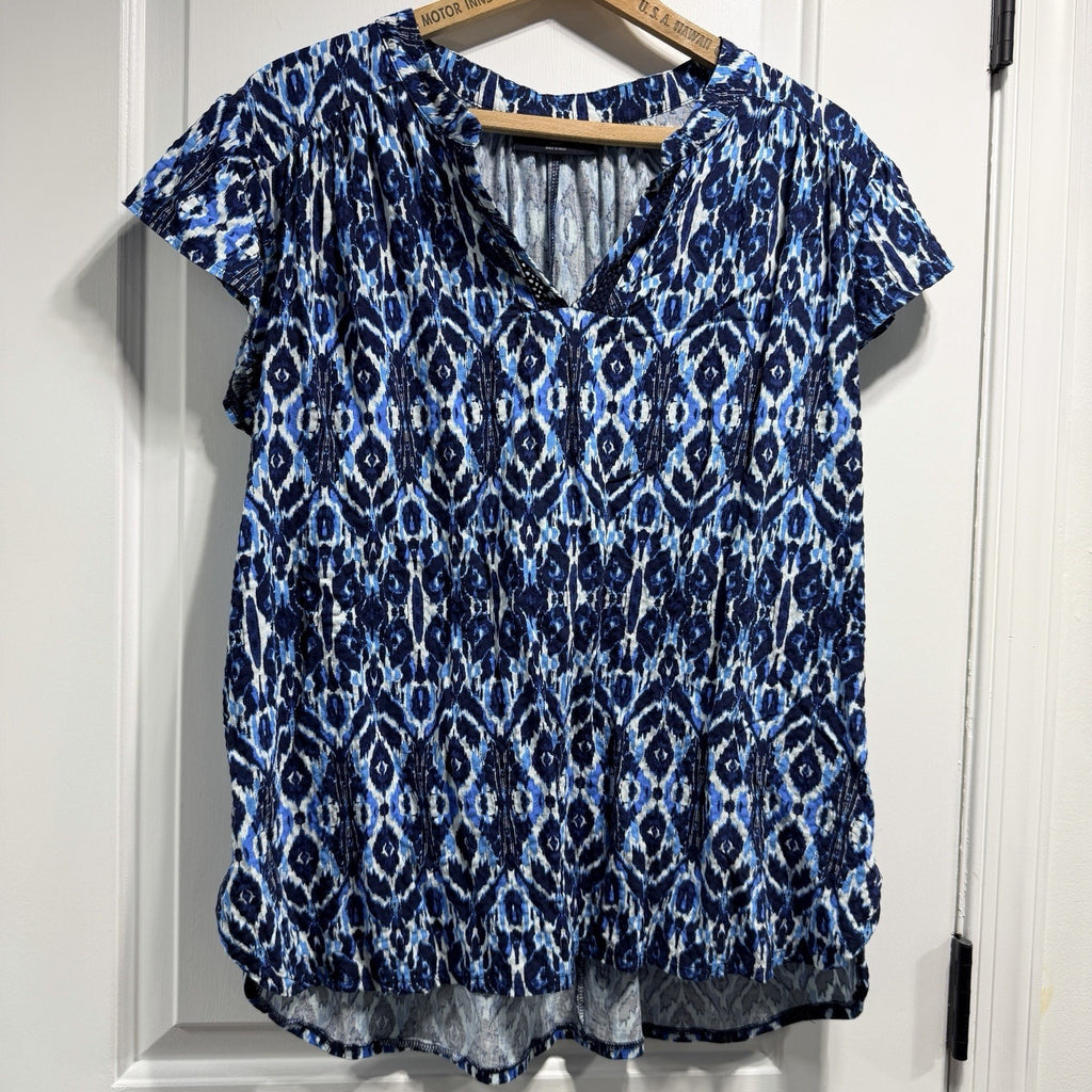 Lane Bryant V Neck Cap Sleeve Blouse 14/16 Blue White Navy Lattice Detail Summer