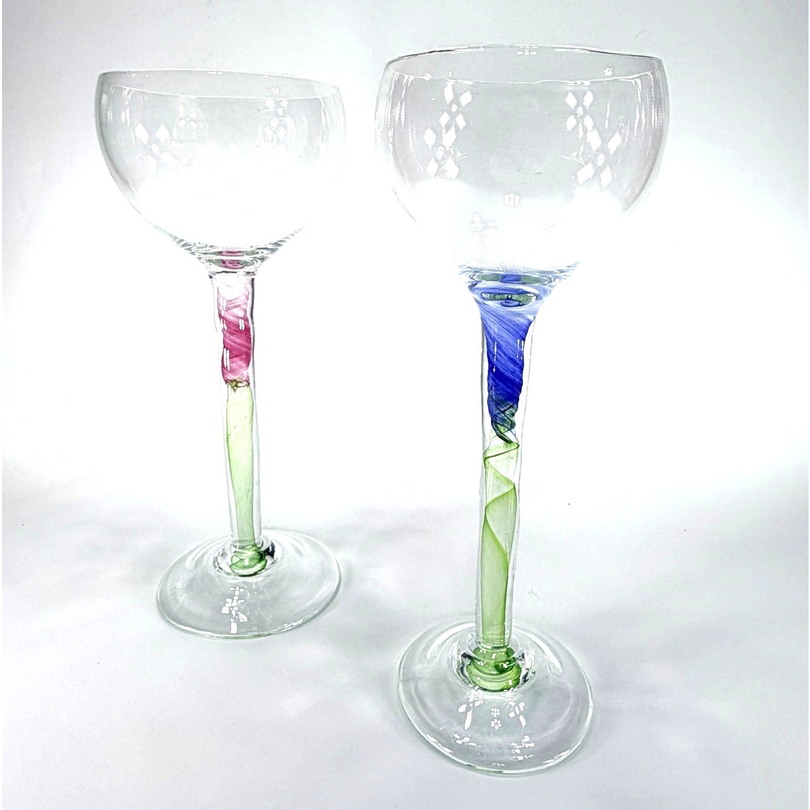 Set 2 Chris Baker Salmon Art Glass Wine Glass Pink Blue Swirl Signed 8.5"