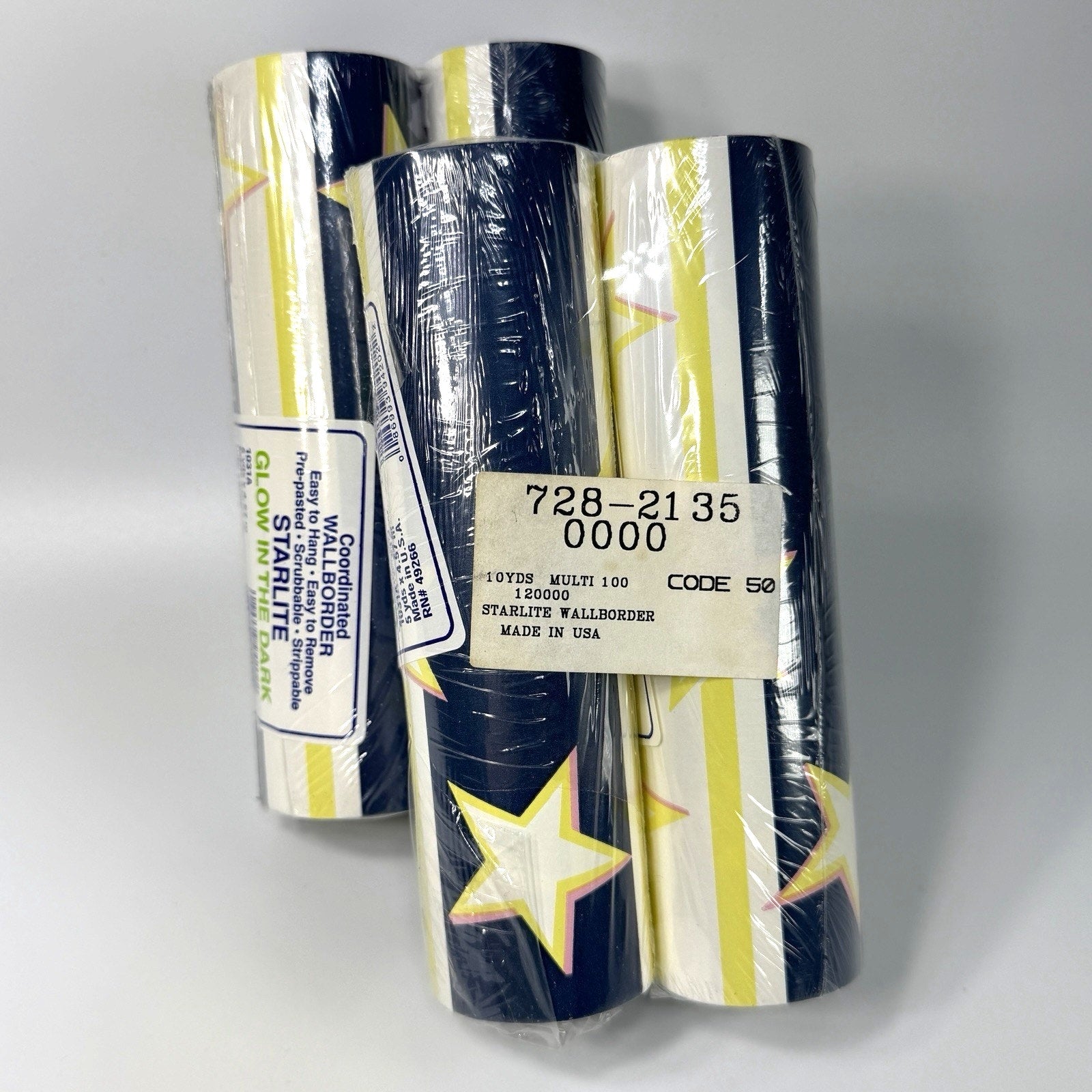 Lot 4 Rolls Vintage Starlite Glow in Dark Star Blue Stripe Wallpaper Border 20yd