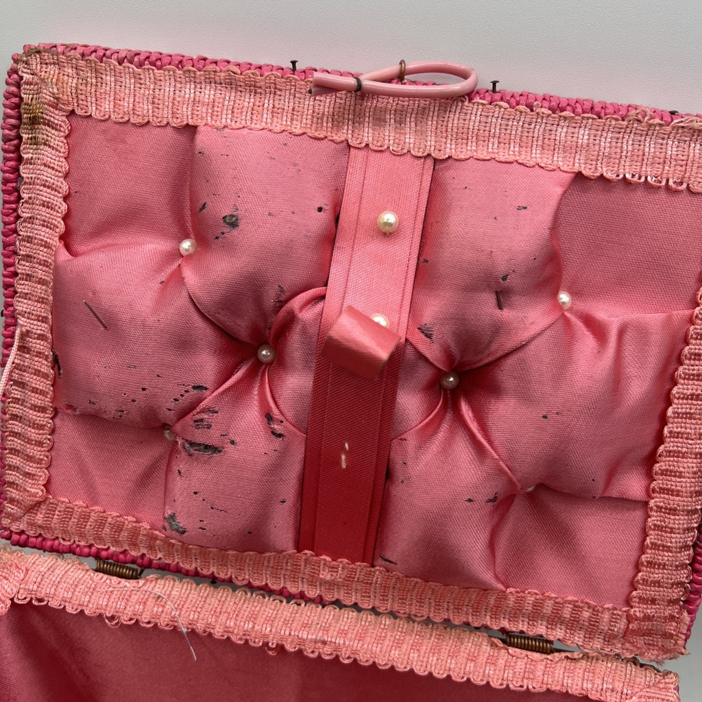 Vintage Pink Wicker Paisley Sewing Basket Japan Handle 7x10" Retro