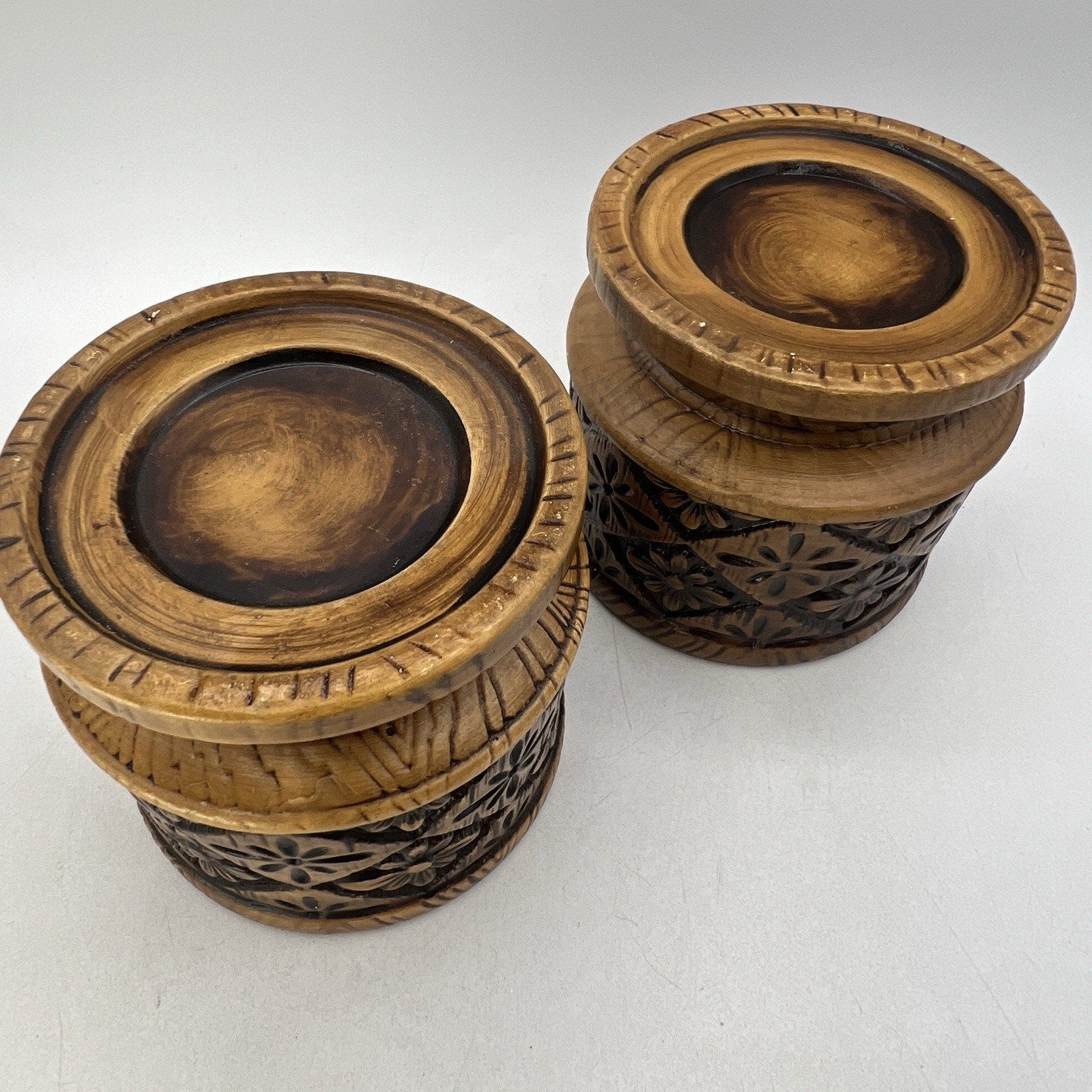 2 Vtg Mid Century MCM Ceramic Faux Carved Wood Brown Candle Holders 1970s Boho
