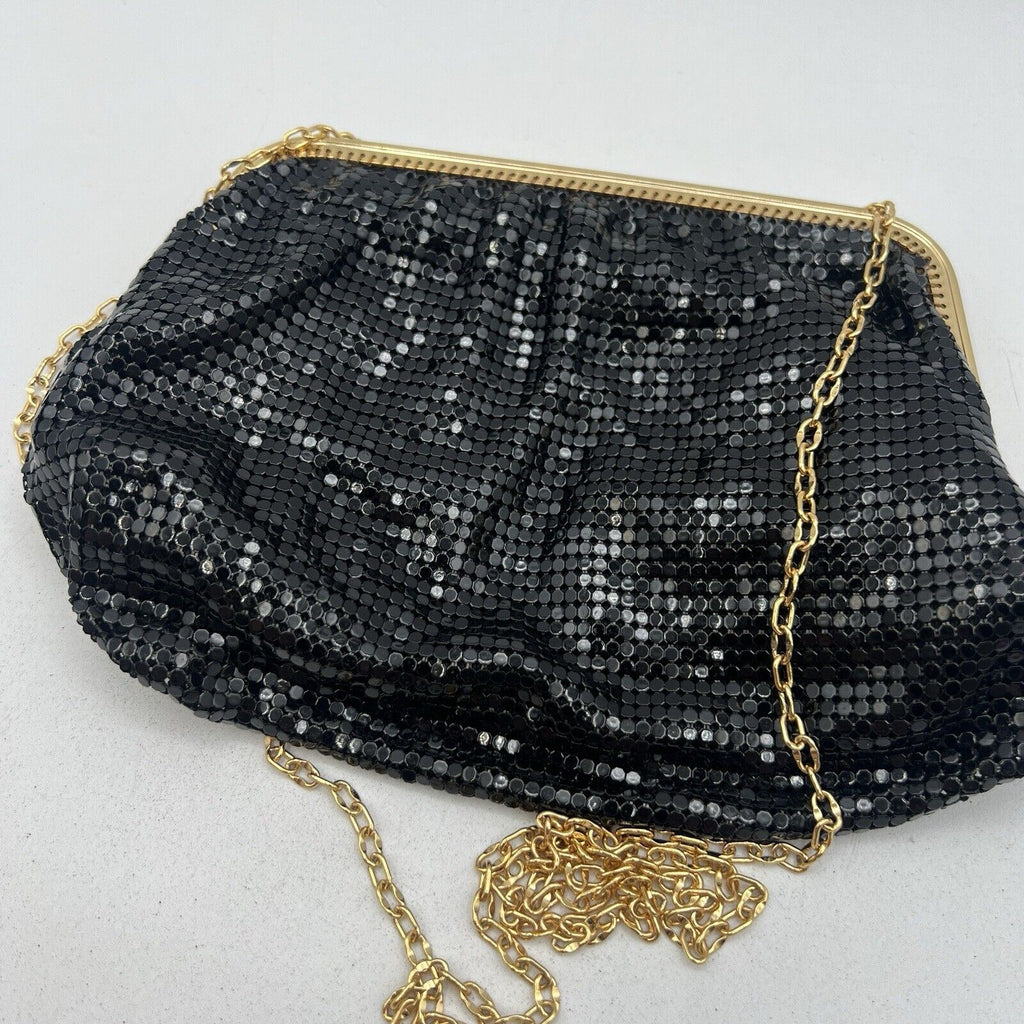 Whiting Davis Black Mesh Purse Gold Rhinestone Clasp Vintage Evening Cocktail 7"