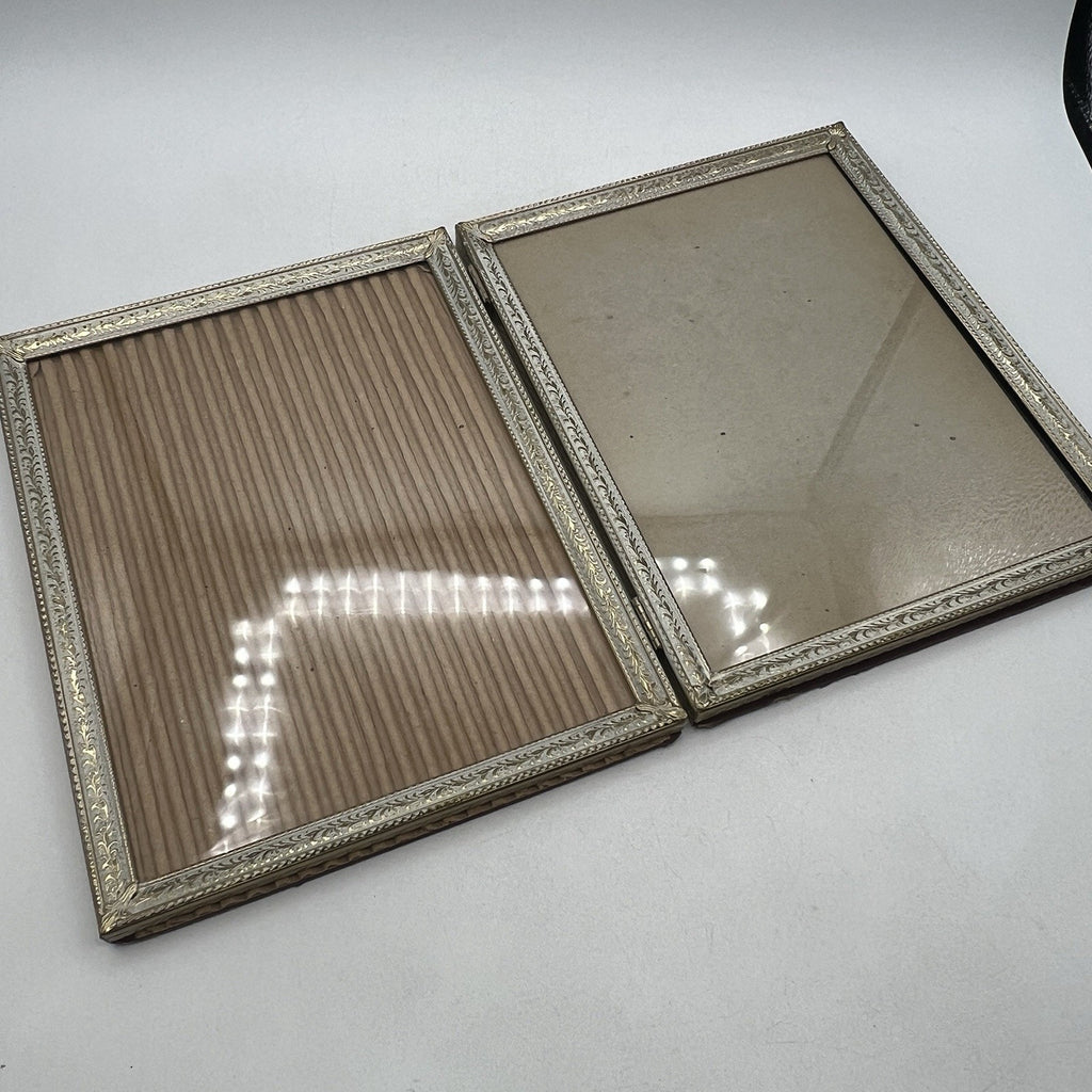 Vintage Etched Brass Double 8 X 10” Photo Picture Frame MCM Hollywood Gold White