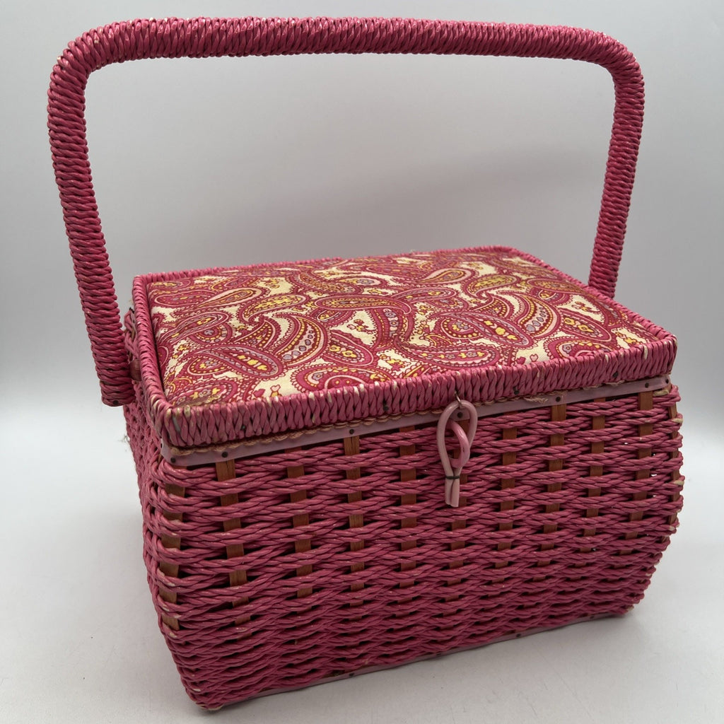 Vintage Pink Wicker Paisley Sewing Basket Japan Handle 7x10" Retro