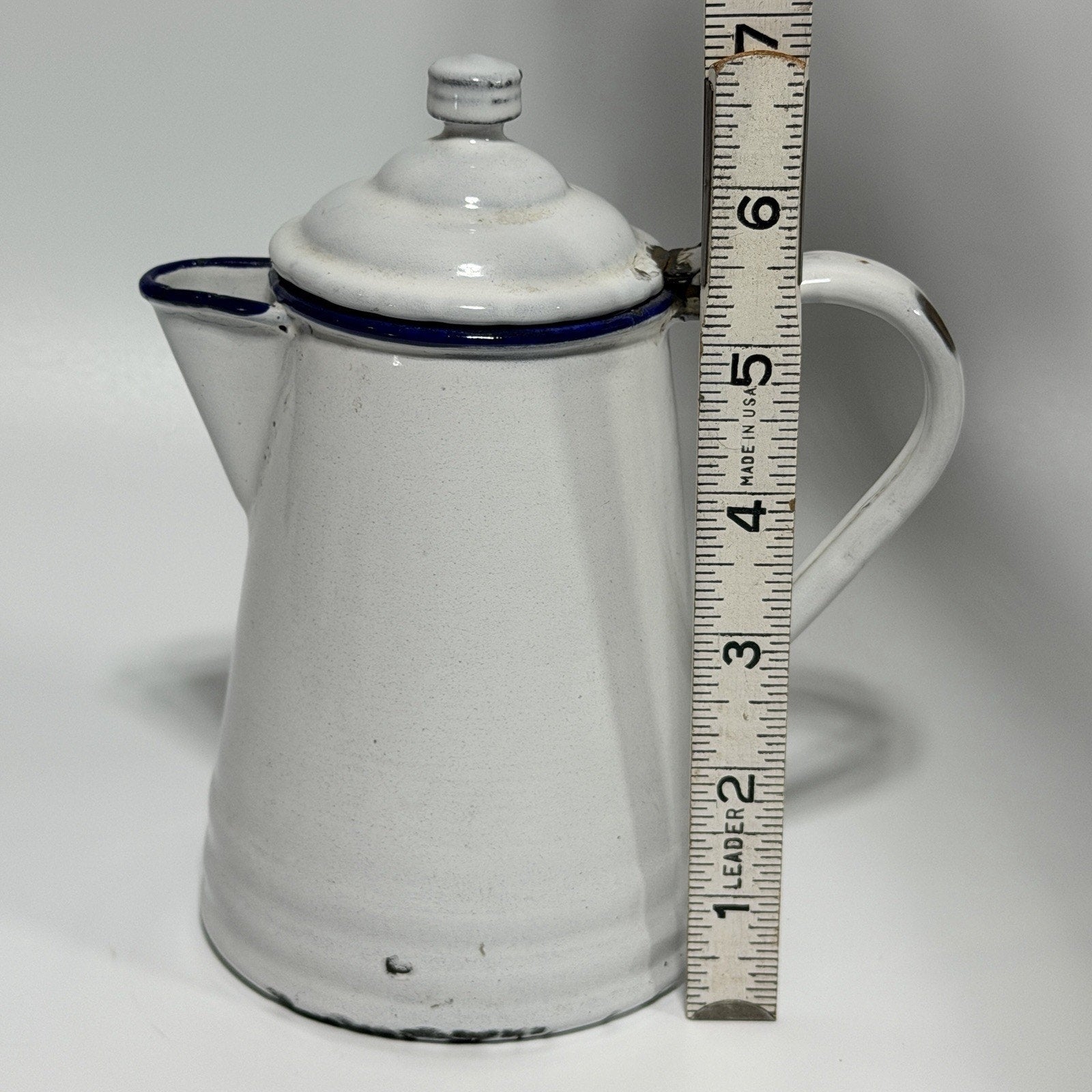 Vtg Small Enamel L&G White Blue Trim Hinged Lid 3 Cup Coffee Pot 6.5" AS IS