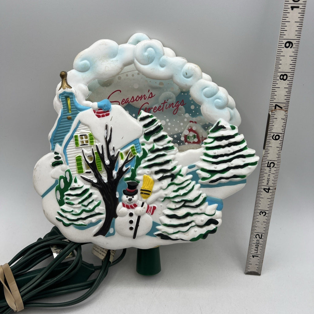 Vtg Christmas Bradford Lighted Motion Tree Topper Snow Scene Snowman 8" Animated