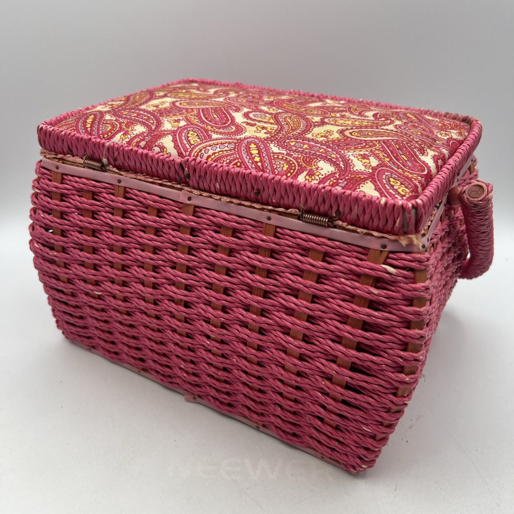 Vintage Pink Wicker Paisley Sewing Basket Japan Handle 7x10" Retro