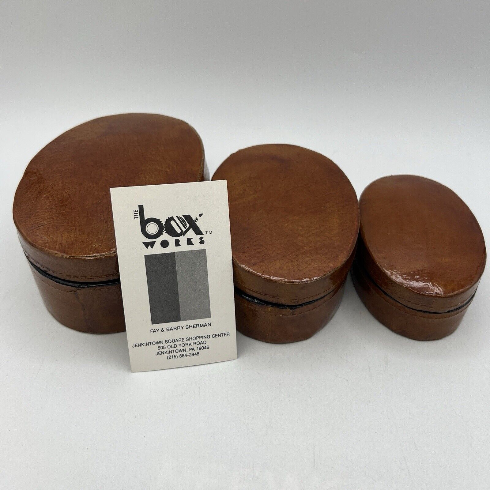 Set 3 Brown Oval Lacquer Nesting Trinket Boxes 5.25" Box Works Handmade