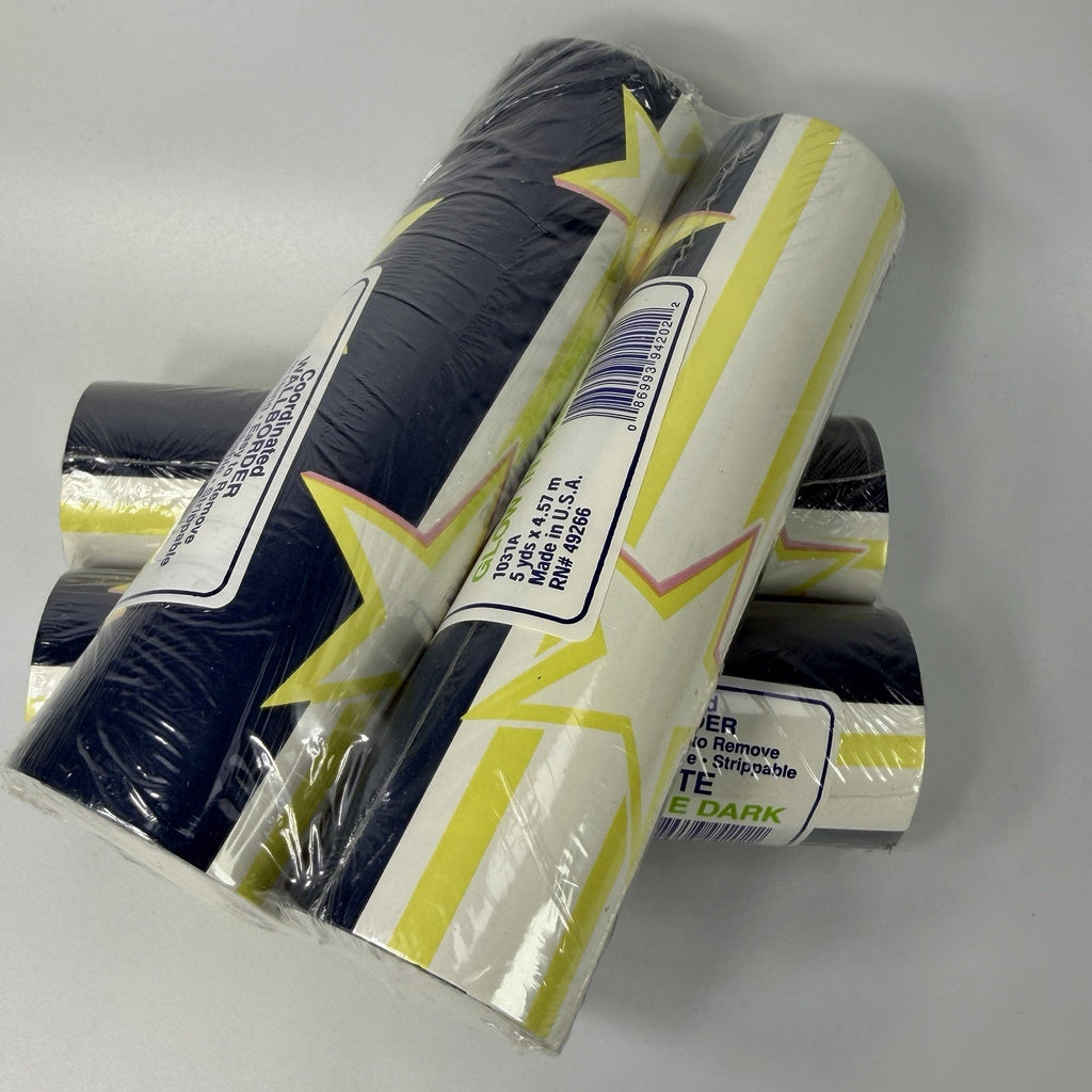 Lot 4 Rolls Vintage Starlite Glow in Dark Star Blue Stripe Wallpaper Border 20yd