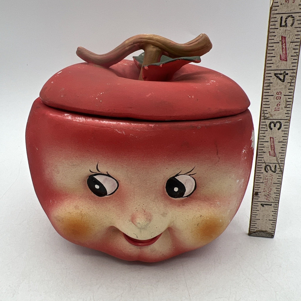 Vintage Anthropomorphic Red Apple Jar Stem Lid Covered Dish Bone China Matte 5"