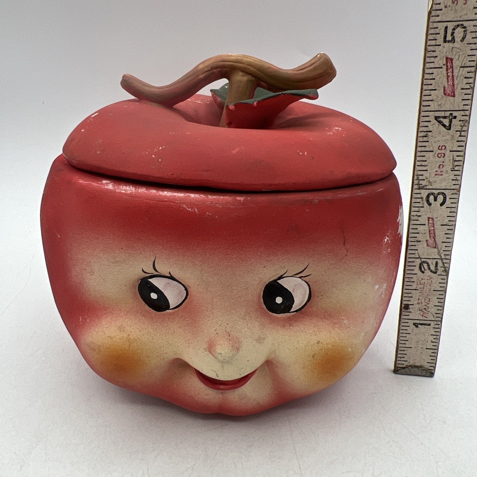 Vintage Anthropomorphic Red Apple Jar Stem Lid Covered Dish Bone China Matte 5"