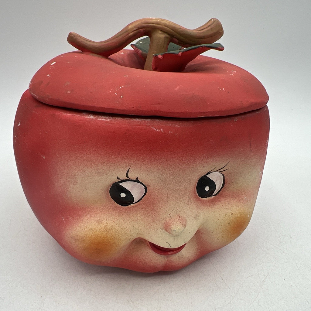 Vintage Anthropomorphic Red Apple Jar Stem Lid Covered Dish Bone China Matte 5"