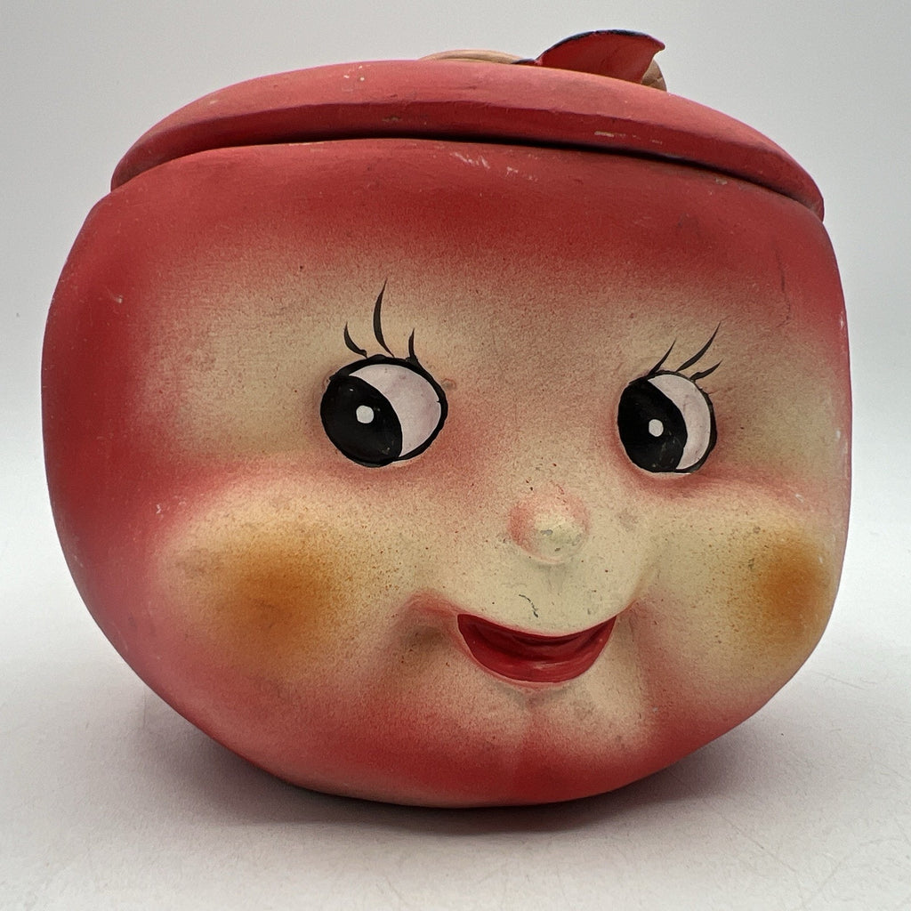 Vintage Anthropomorphic Red Apple Jar Stem Lid Covered Dish Bone China Matte 5"