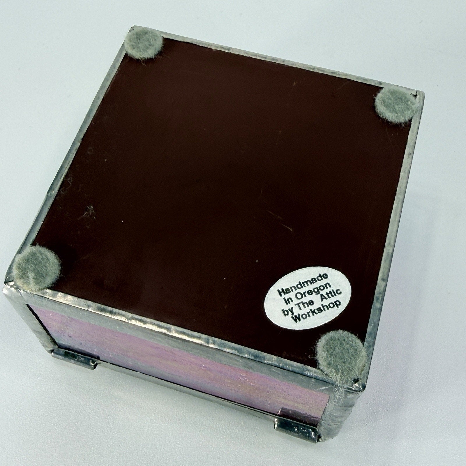 Pink Pressed Flower Stained Bevel Glass Jewelry Trinket Box Mirrored 3.5"