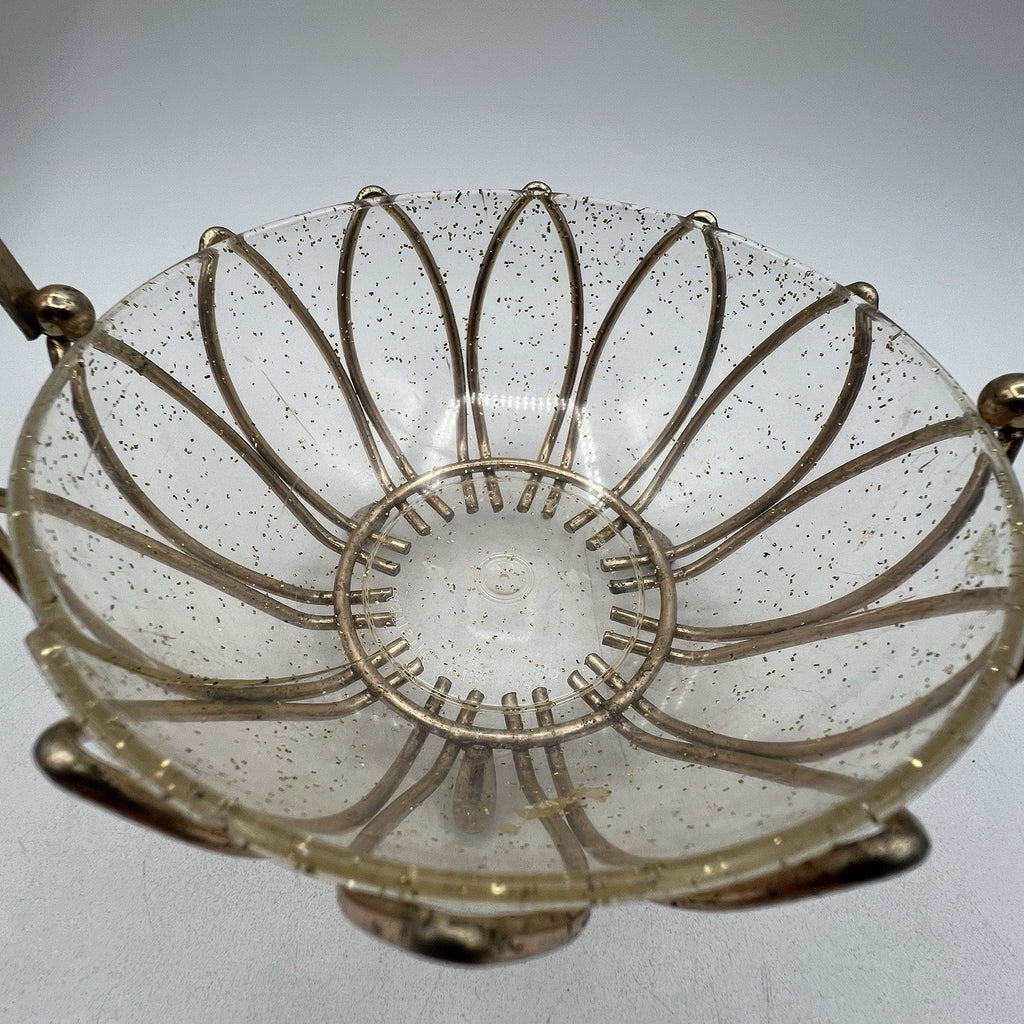 Vintage Atomic Gold Wire Lucite Basket Candy Dish Bowl 8" MCM Glitter Hollywood