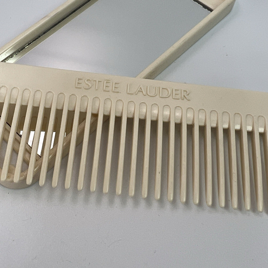 Vintage Estee Lauder Ivory White Comb & Mirror Combo Travel Set Compact 5"