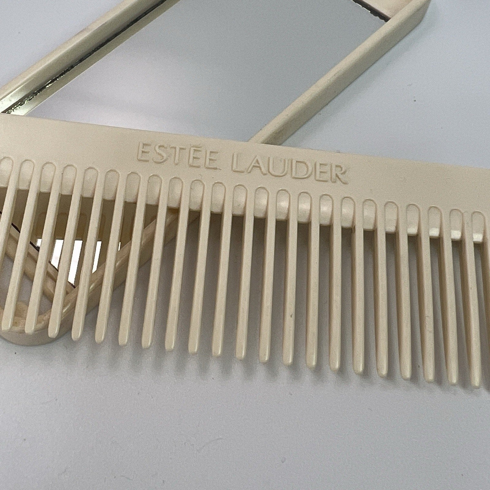 Vintage Estee Lauder Ivory White Comb & Mirror Combo Travel Set Compact 5"
