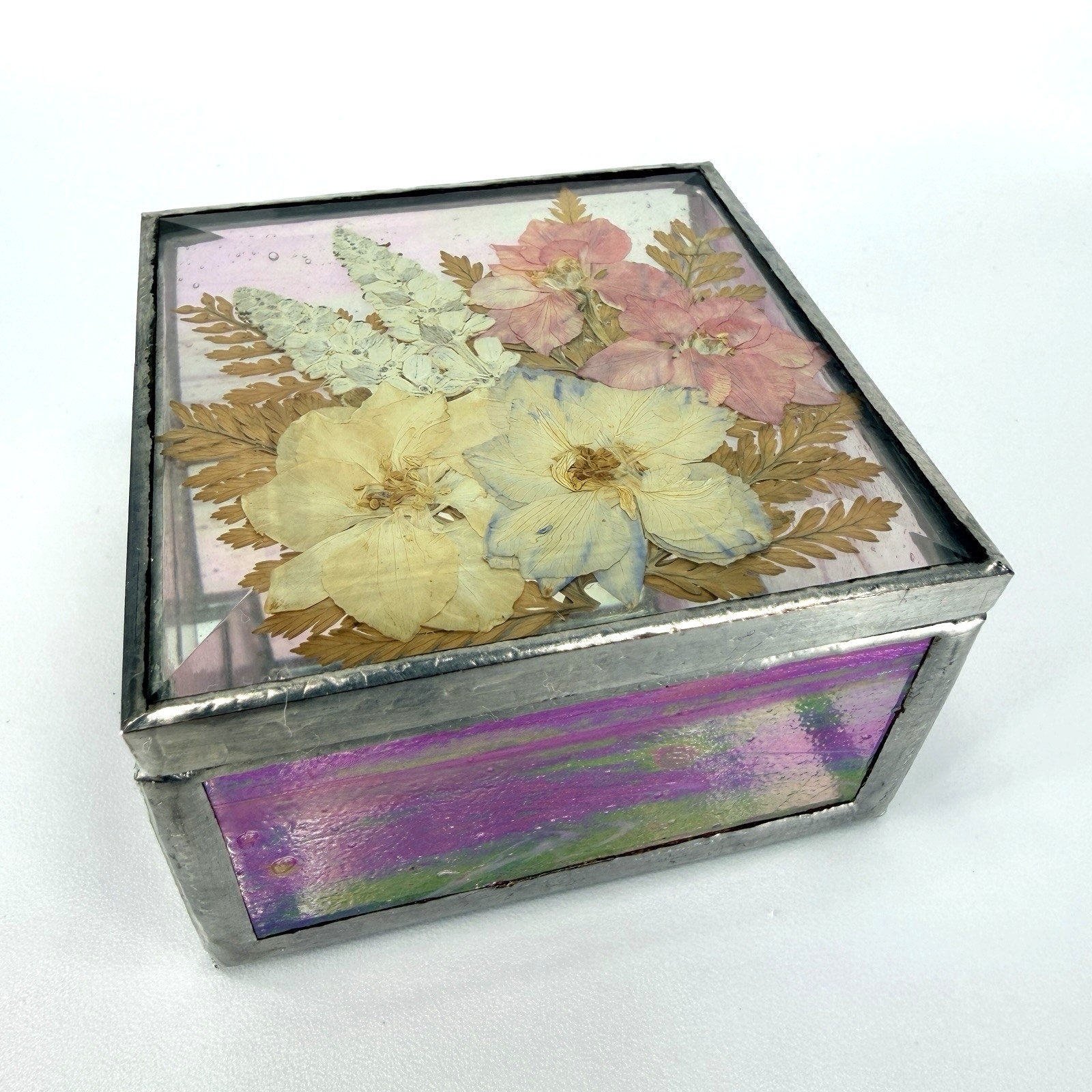 Pink Pressed Flower Stained Bevel Glass Jewelry Trinket Box Mirrored 3.5"