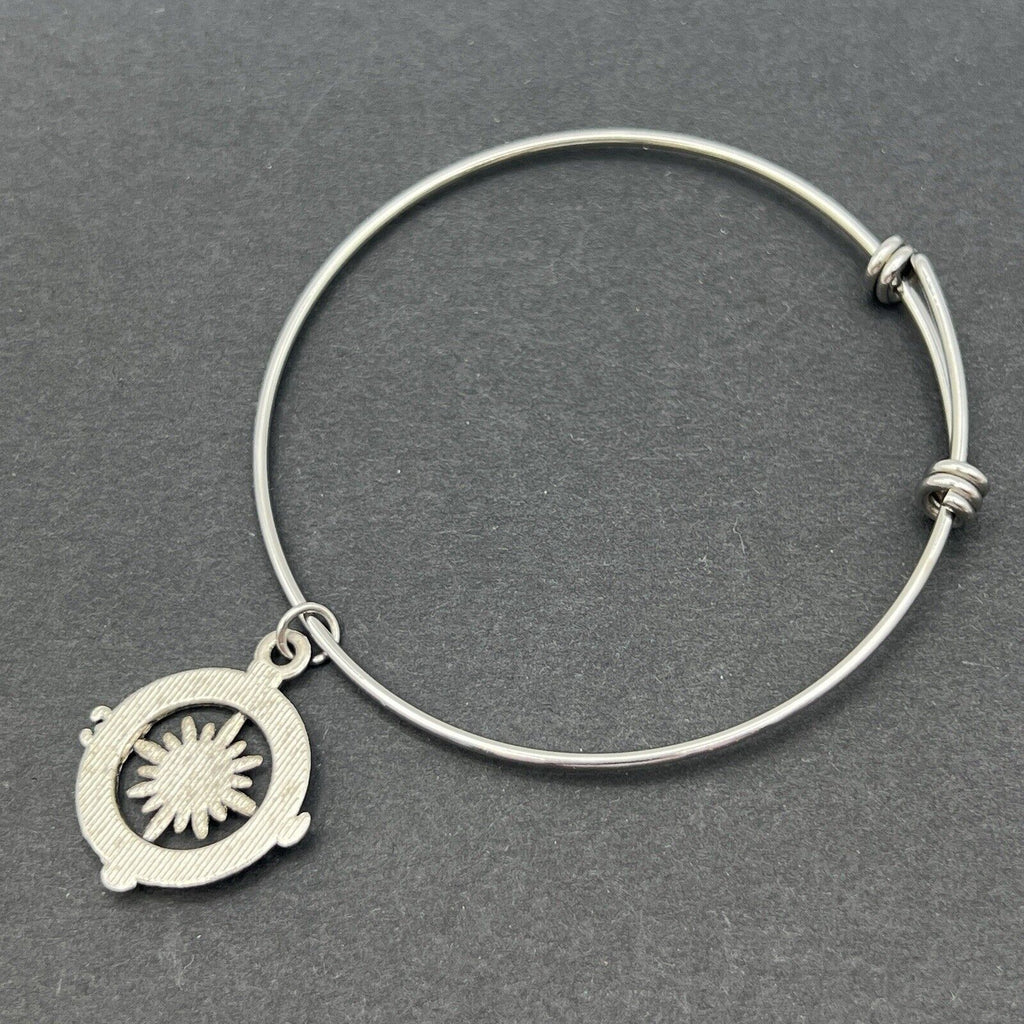 Silver Tone Bangle Bracelet Compass Direction Goals Travel Adjustable One Size