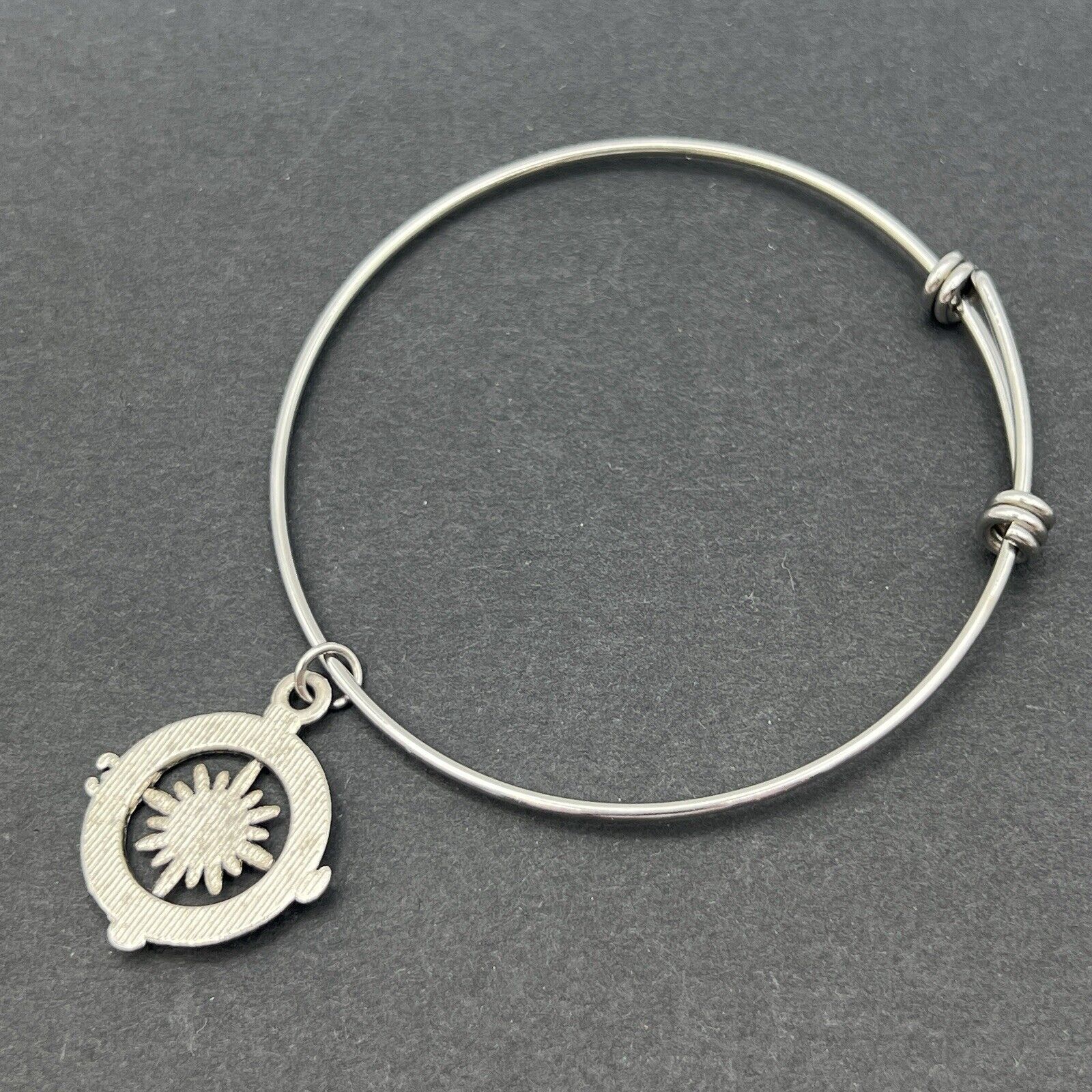 Silver Tone Bangle Bracelet Compass Direction Goals Travel Adjustable One Size