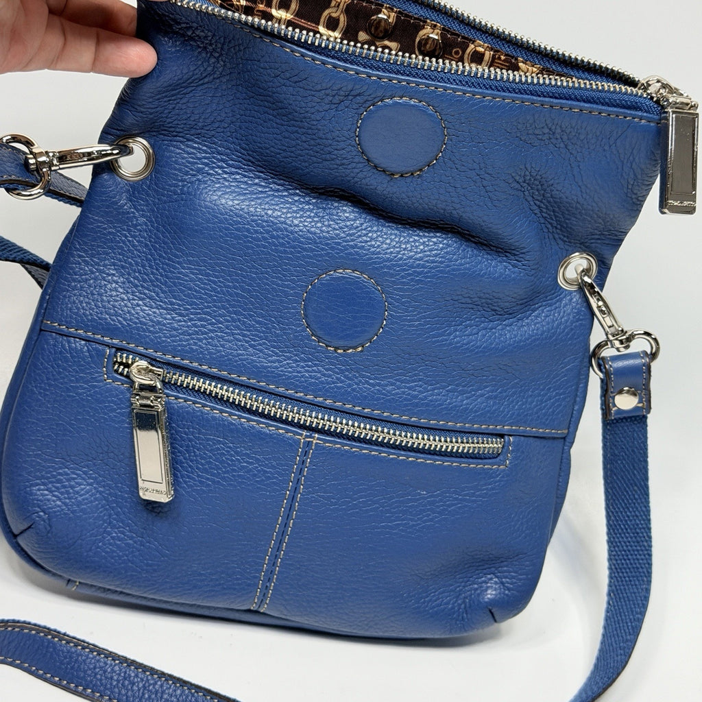 Tignanello Blue Leather Foldover Crossbody Purse Bag Pebbled Leather 9"