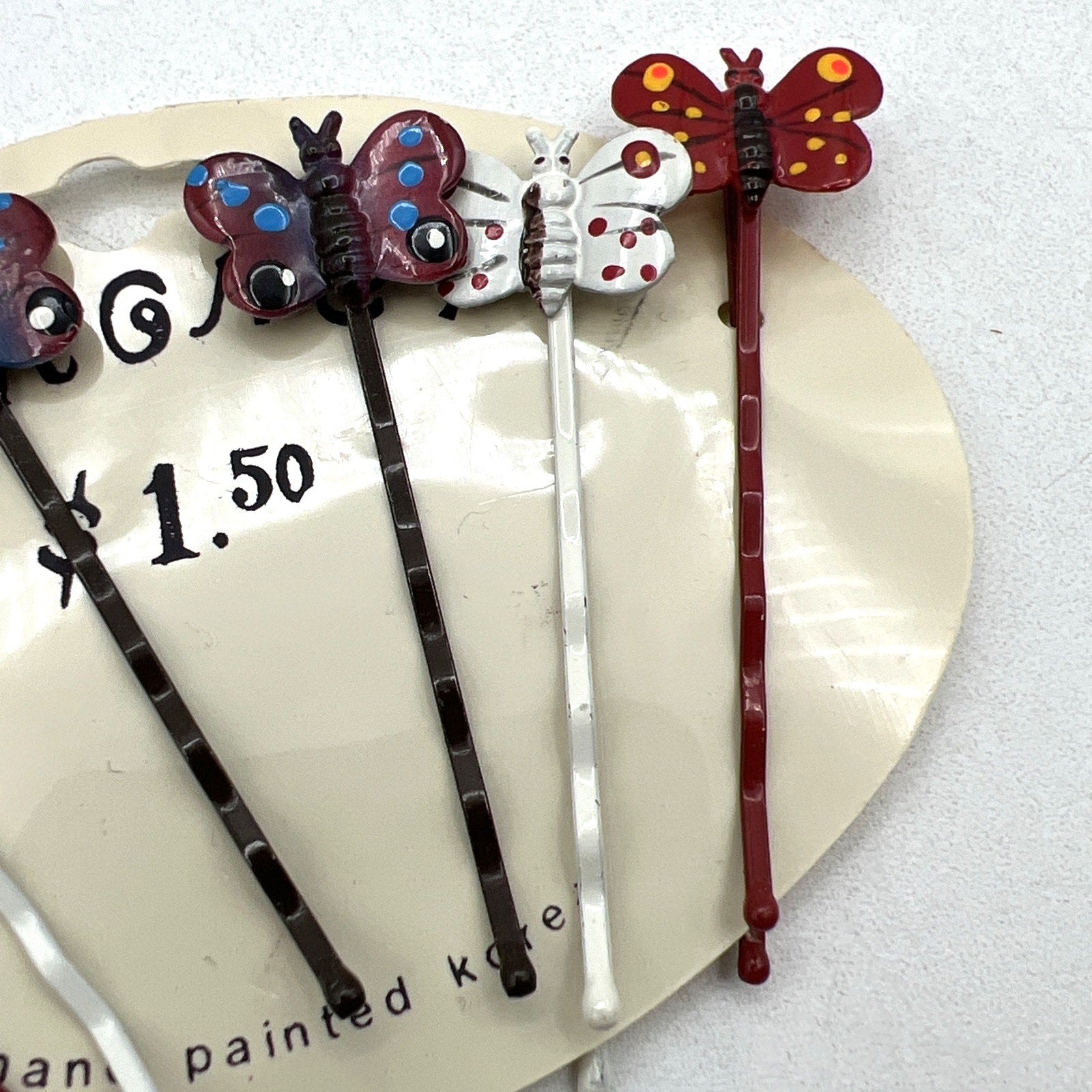 Vintage Hand Painted Metal Butterfly Bobby Hair Pins 1980s NEW Coronet Korea