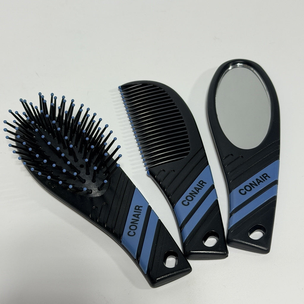 3 Pc Vtg CONAIR Quality Hair Brush Comb Travel Set Black Blue Stripe