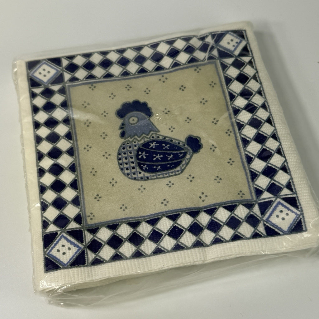 Vintage 1980s Blue White Chicken Dessert Beverage Napkins 16 Haut Paper USA