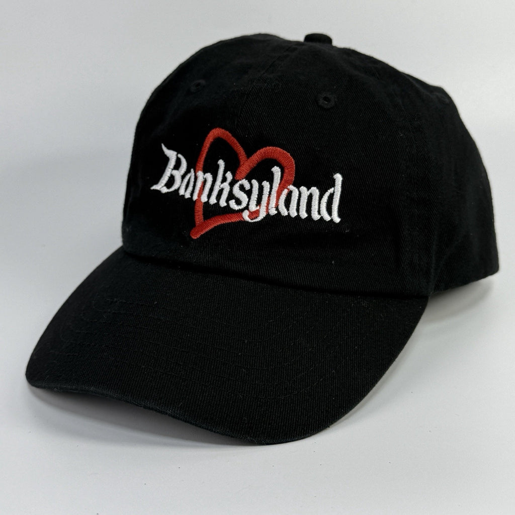 Black Banksyland Adjustable Hat Cap Embroidered Cotton Red Heart Banksy