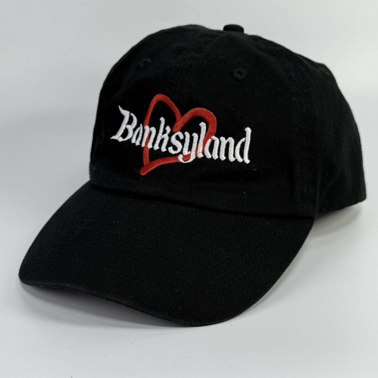 Black Banksyland Adjustable Hat Cap Embroidered Cotton Red Heart Banksy
