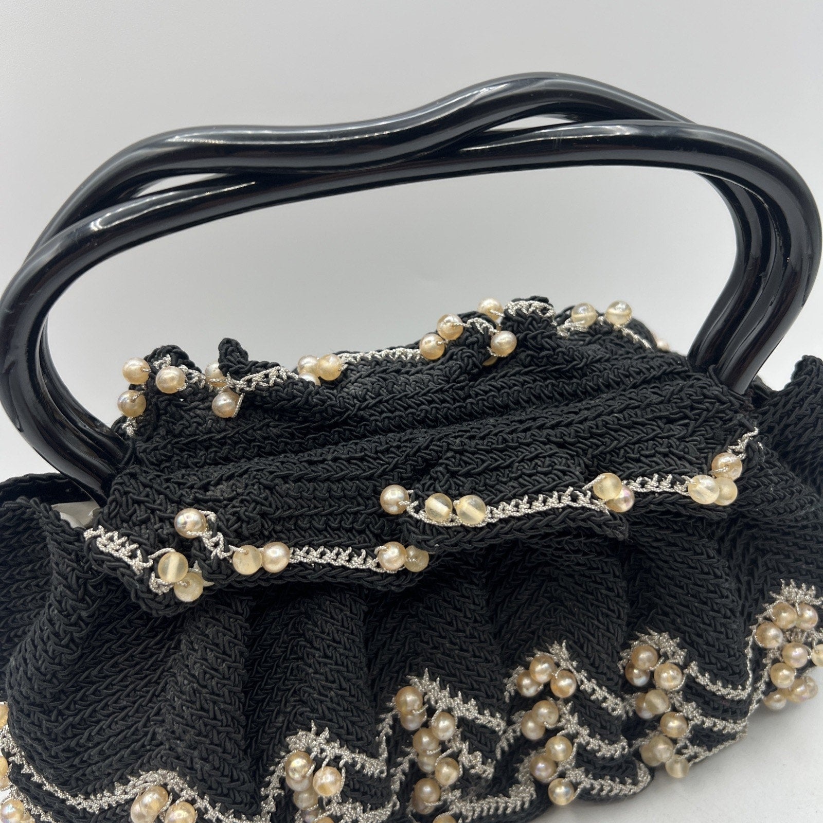 Vintage Hand Crocheted Beaded Purse 9" Lucite Handle Black Silver Hard Bottom