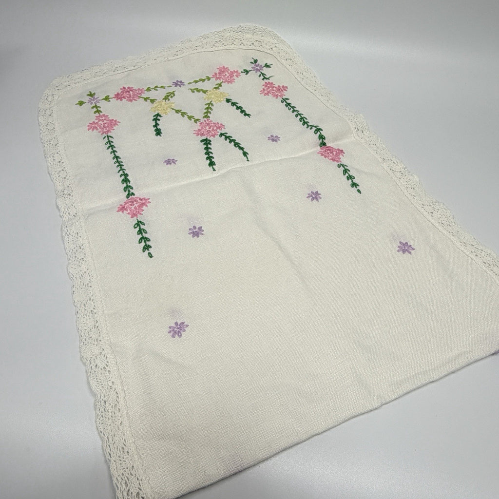 Vintage Dresser Scarf Table Runner Pink Green Embroidered Flowers Lace 14x42"