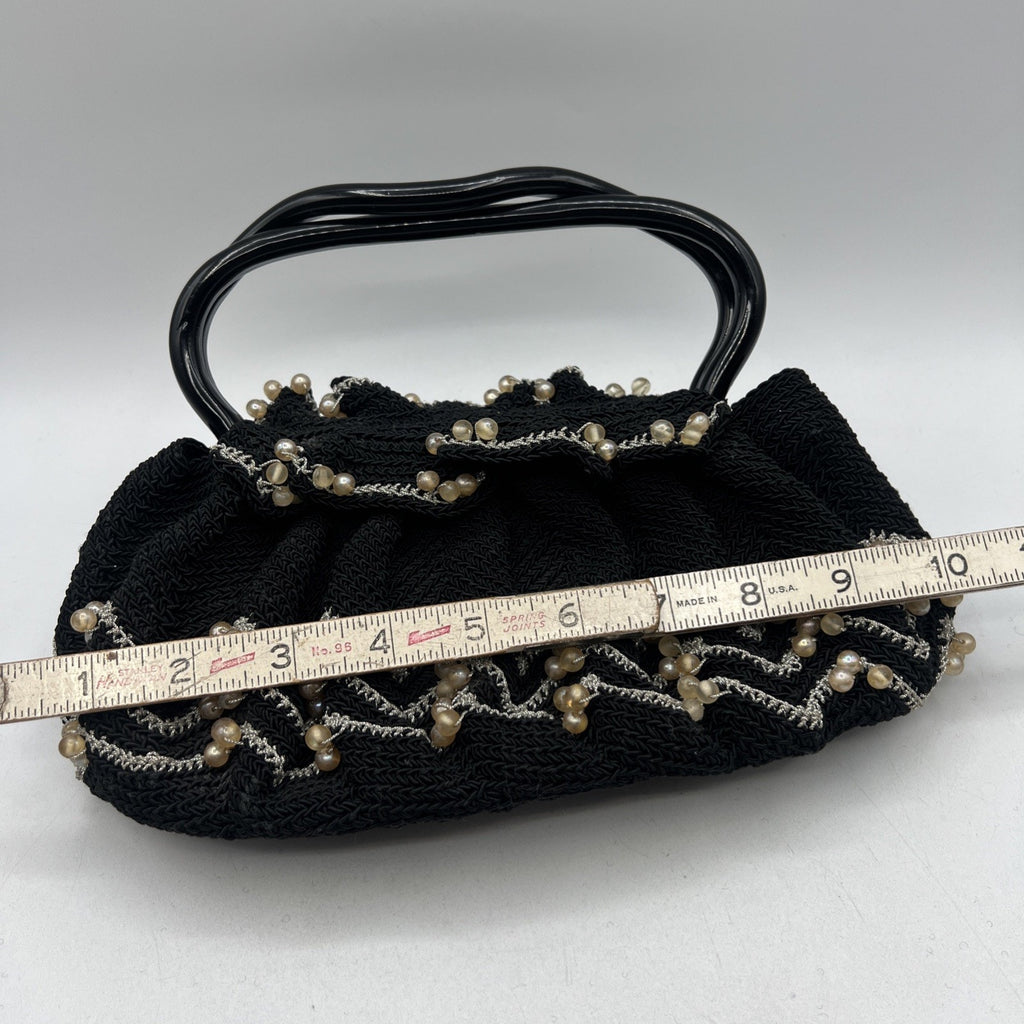 Vintage Hand Crocheted Beaded Purse 9" Lucite Handle Black Silver Hard Bottom