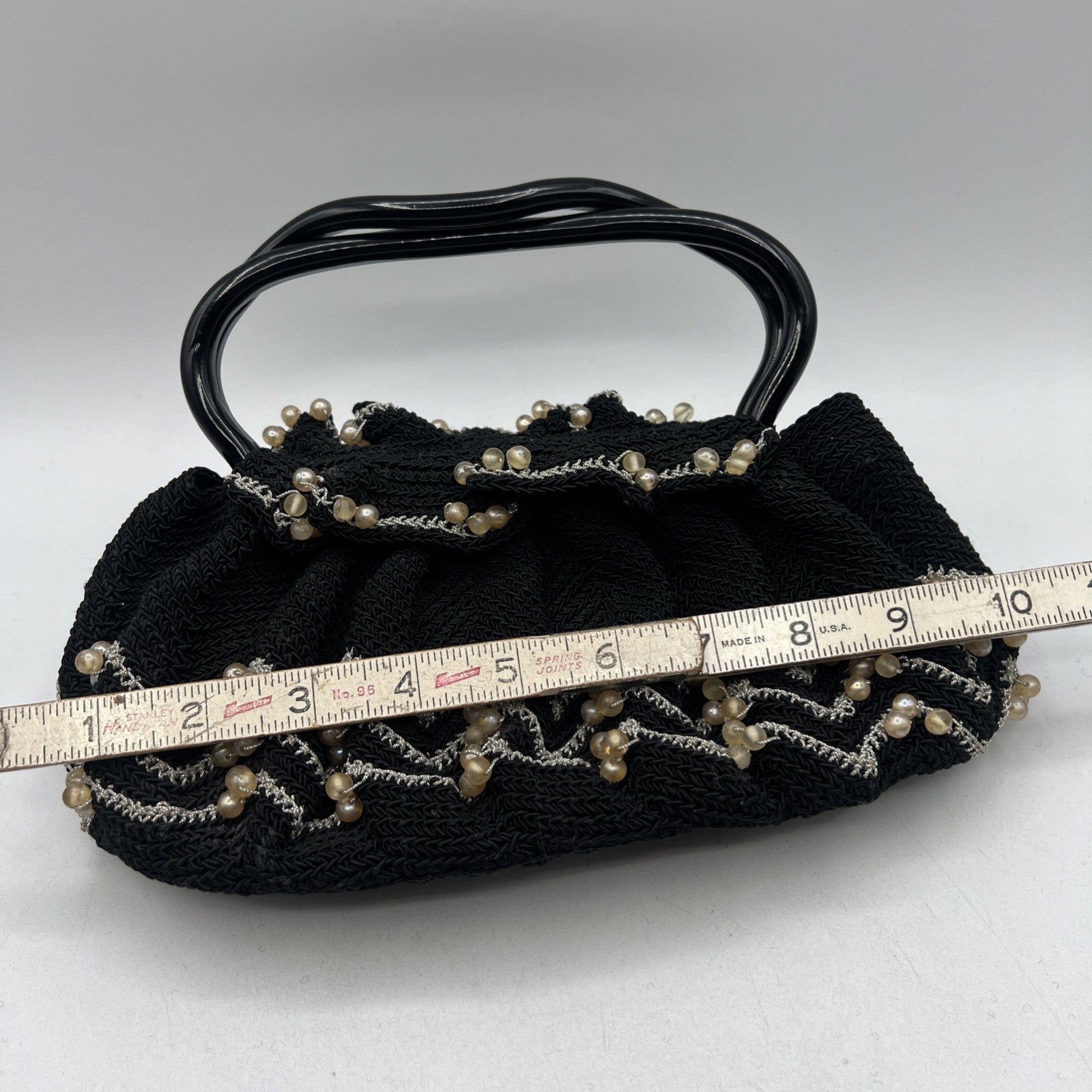 Vintage Hand Crocheted Beaded Purse 9" Lucite Handle Black Silver Hard Bottom