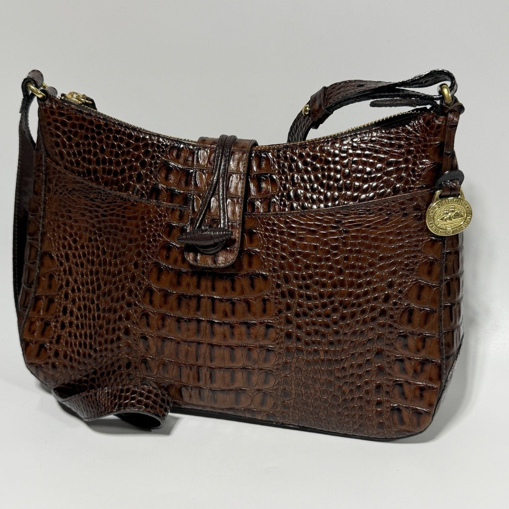 Brahmin Isabelle Brown Pecan Croc Embossed Leather Purse Crossbody 11"