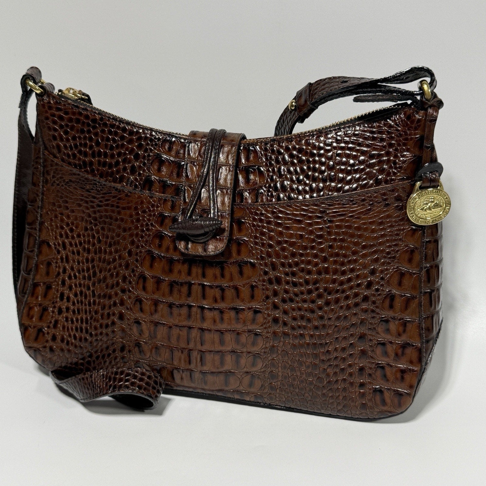 Brahmin Isabelle Brown Pecan Croc Embossed Leather Purse Crossbody 11"
