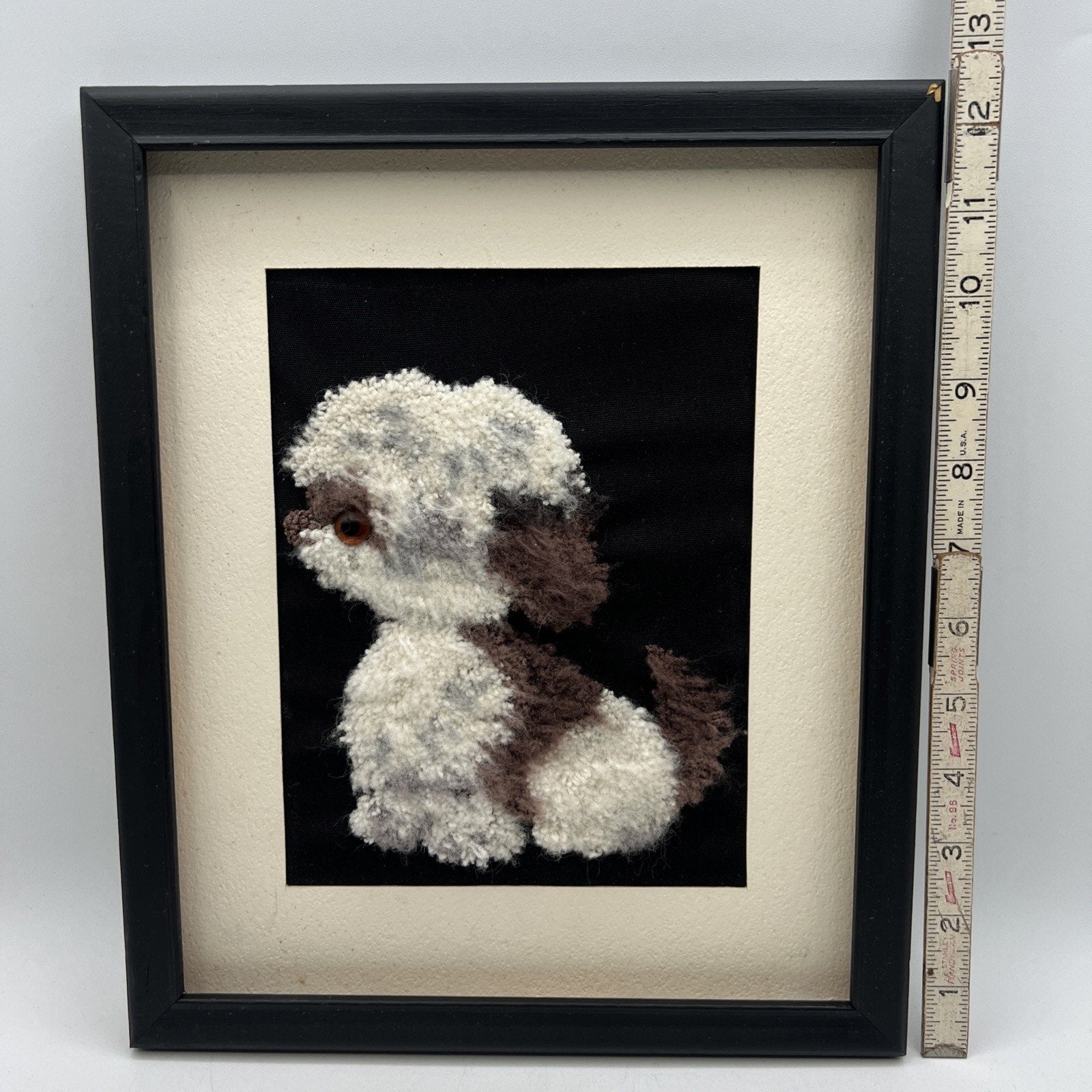 Vtg Felt Punched Latch Hook Dog Picture 3D Framed Puppy Lhaso Apso Poodle 10x12"