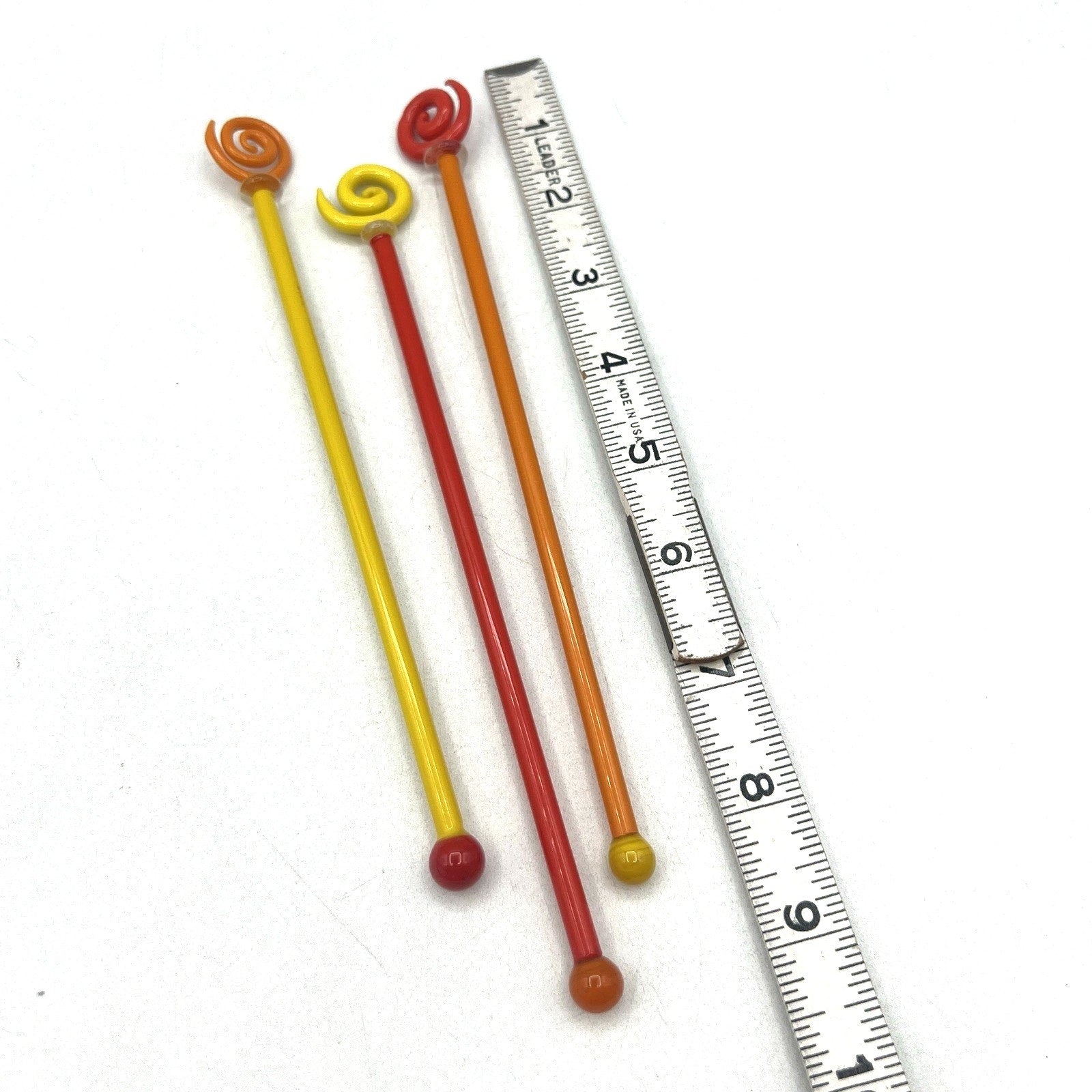 Set 3 Vtg Opaque Art Glass Cocktail Stirrers Swizzle Sticks Yellow Orange Red