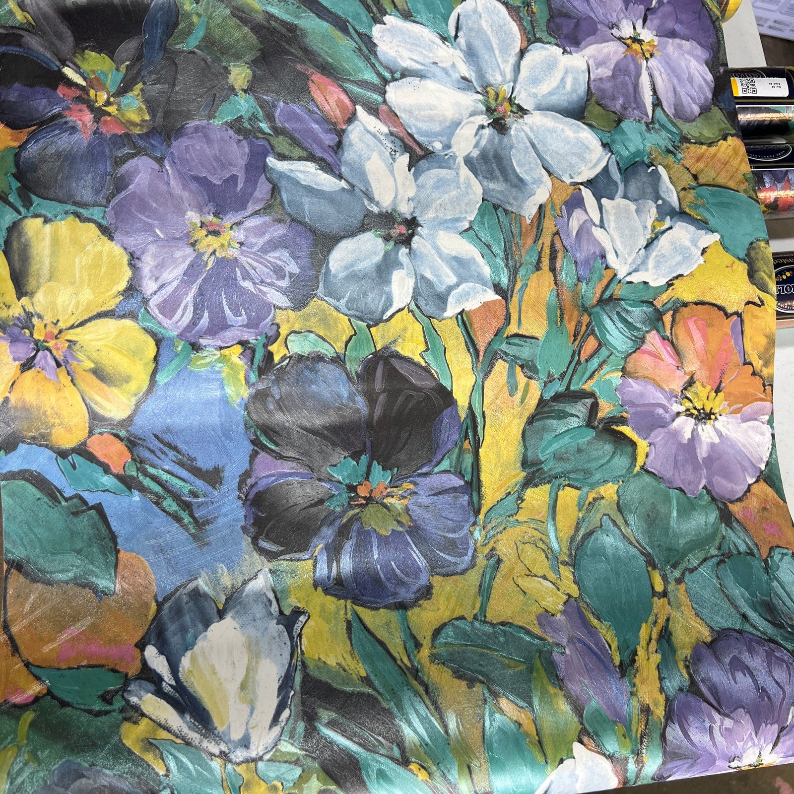 5 Rolls Coloroll Pasted Wallpaper Purple Yellow Green Retro Floral Textured TIZA
