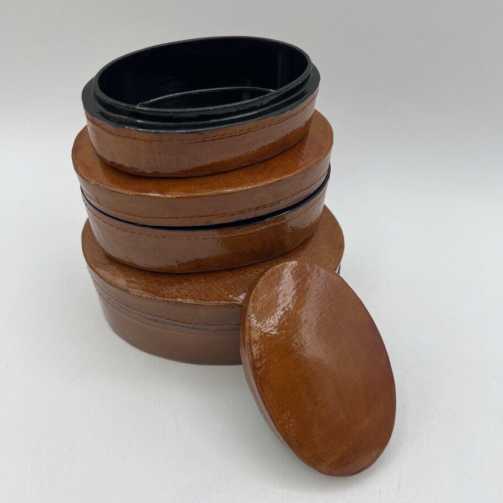 Set 3 Brown Oval Lacquer Nesting Trinket Boxes 5.25" Box Works Handmade