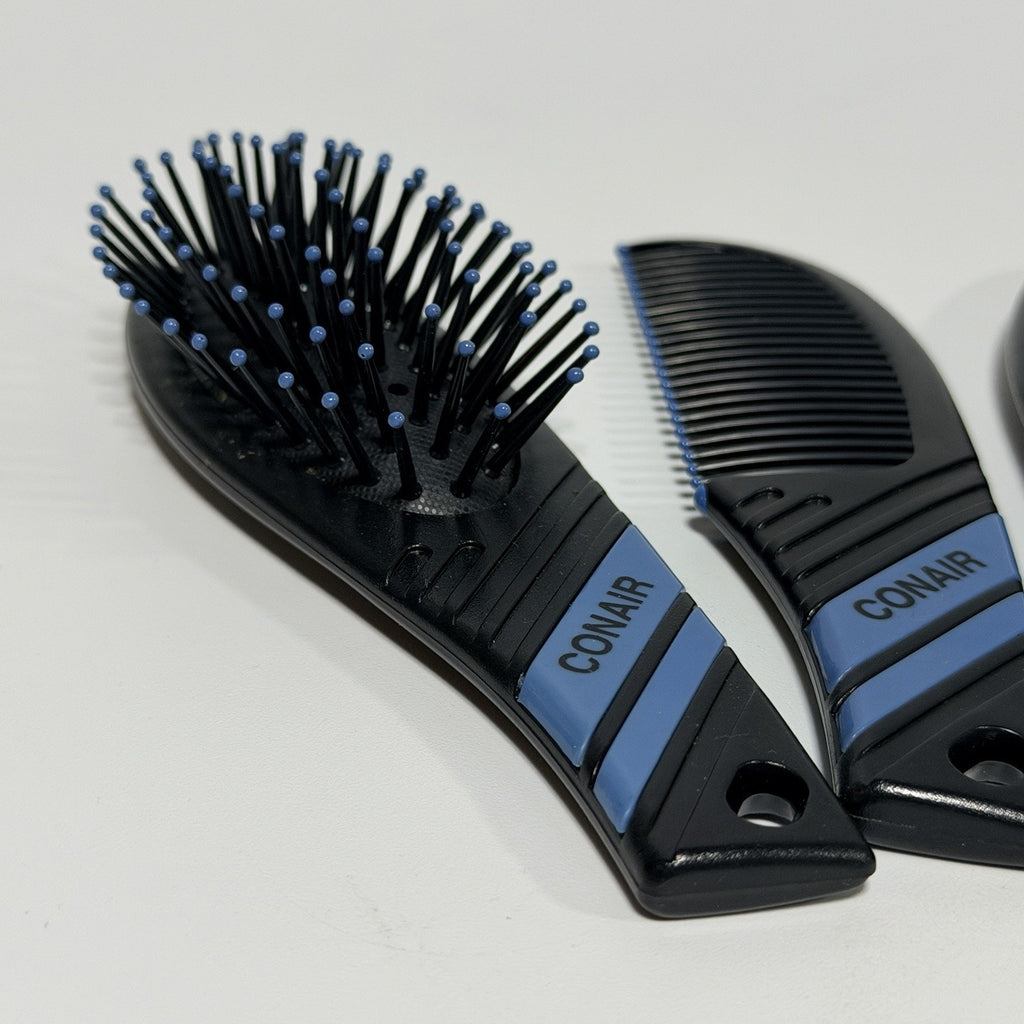 3 Pc Vtg CONAIR Quality Hair Brush Comb Travel Set Black Blue Stripe